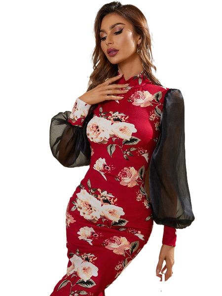 floral print contrast mesh lantern sleeve slit back bodycon dress l2i1#, Black;gray 
floral print contrast mesh lantern sleeve slit back bodycon dress l2i1#, Black;gray