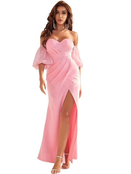 off shoulder puff sleeve wrap split thigh dress m08n#, Black;gray
off shoulder puff sleeve wrap split thigh dress m08n#, Black;gray