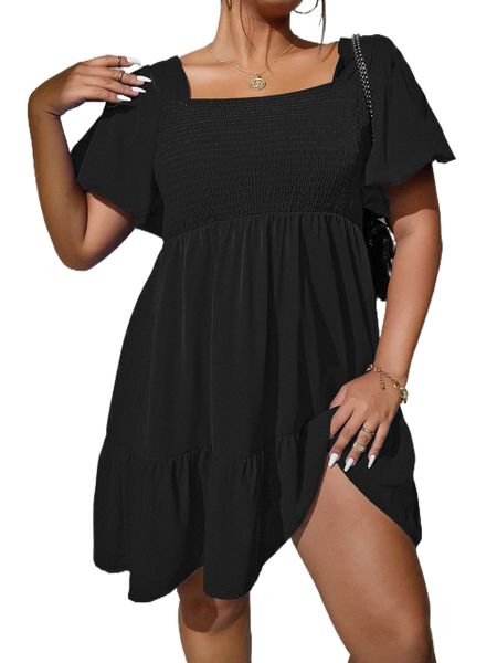 plus square neck butterfly sleeve shirred ruffle hem dress t3o0#, Black 
plus square neck butterfly sleeve shirred ruffle hem dress t3o0#, Black