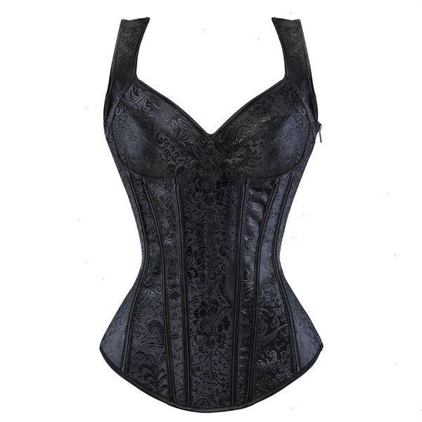 women corset with straps black overbust plus size floral jacquard zipper gothic steampunk bustier, Black;white
women corset with straps black overbust plus size floral jacquard zipper gothic steampunk bustier, Black;white