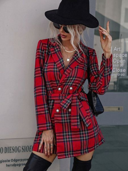 tartan double breasted belted blazer dress z8bc#, White 
tartan double breasted belted blazer dress z8bc#, White