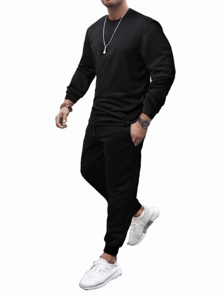 men solid pullover & drawstring waist sweatpants n4ok#, Gray