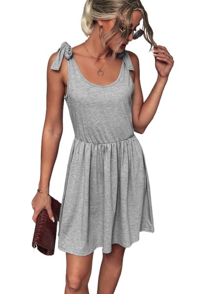 solid tie shoulder tank dress n0no#, Black;gray