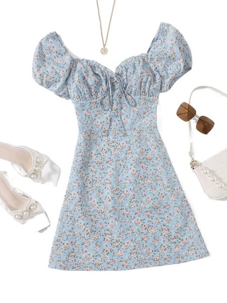 plus ditsy floral sweetheart neck puff sleeve knot front dress 19aj#, Black
