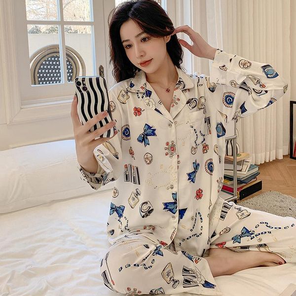 imitation silk pajamas womens spring sleepwear long sleeve thin suit small floral print large home clothes pyjamas, Black;red
imitation silk pajamas womens spring sleepwear long sleeve thin suit small floral print large home clothes pyjamas, Black;red