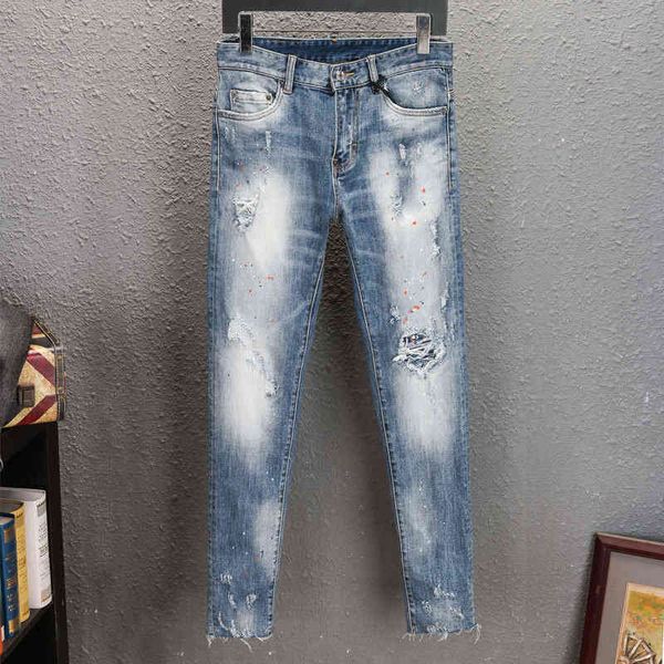 men's jeans fashion brand high-end youth knee hole jeans men's korean fashion elastic slim legged man bptd, Blue
men's jeans fashion brand high-end youth knee hole jeans men's korean fashion elastic slim legged man bptd, Blue