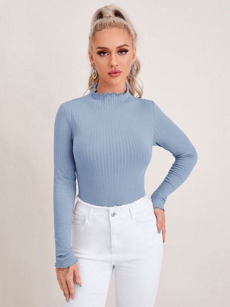 mock neck rib-knit form fitted f6p3#, White