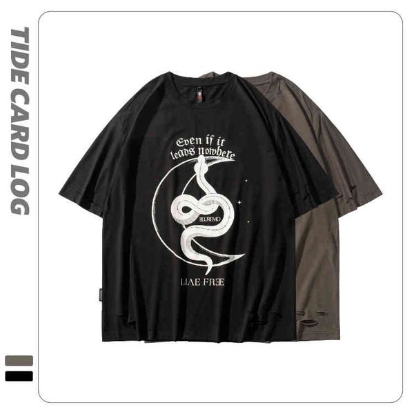 card log 2022 high street little white snake thick plate glue printing short sve couple loose hole t-shirt, White;black
card log 2022 high street little white snake thick plate glue printing short sve couple loose hole t-shirt, White;black