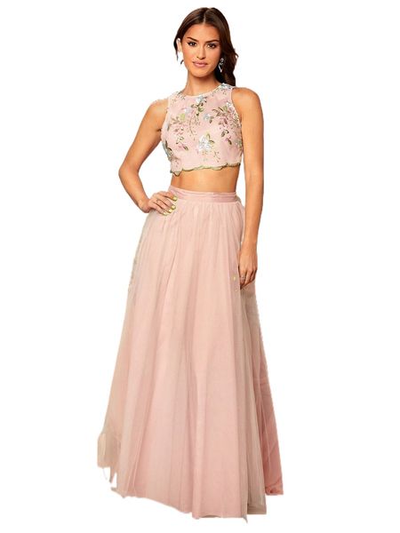 floral embroidery scallop edge tank and mesh skirt set h9qe#, White