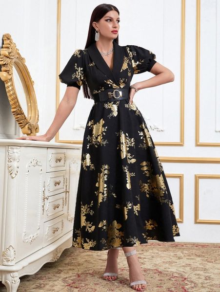 gold floral print shawl collar puff sleeve dress without belt 0873#, Black;gray
gold floral print shawl collar puff sleeve dress without belt 0873#, Black;gray