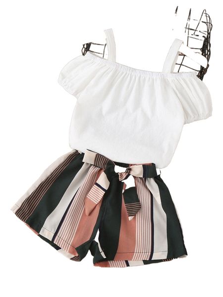 toddler girls cold shoulder & striped belted shorts y1vw#, Black;white