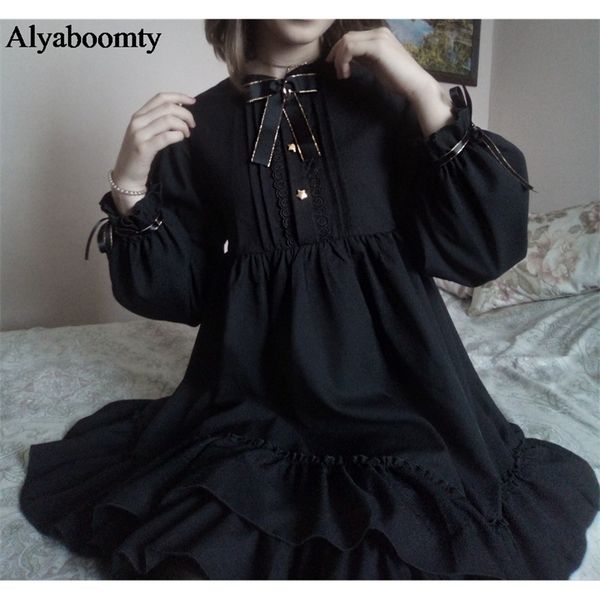 japanese harajuku women black ruffles dress lantern sleeve lolita style student's dress sweet kawaii cute bow girl chiffon dress 210303, Black;gray
japanese harajuku women black ruffles dress lantern sleeve lolita style student's dress sweet kawaii cute bow girl chiffon dress 210303, Black;gray