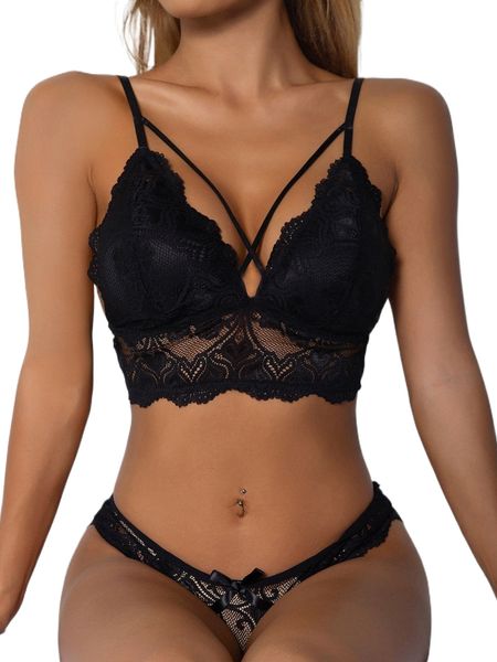 floral lace crisscross bralette 03gv#, Black;red 
floral lace crisscross bralette 03gv#, Black;red