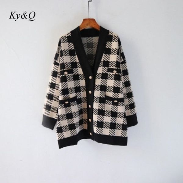 vintage winter women fashion plaid vneck single breasted loose sweater long cardigan warm outwear brand designer clothes y200910, White;black
vintage winter women fashion plaid vneck single breasted loose sweater long cardigan warm outwear brand designer clothes y200910, White;black
