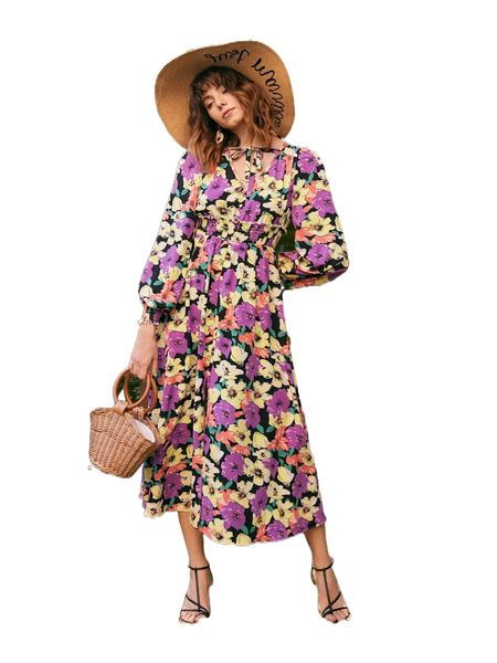 allover floral print tie neck shirred panel dress g8en#, Black;gray