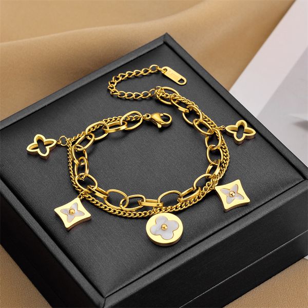 double layered four leaf clover charm bracelet, Golden;silver
