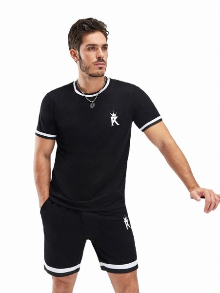 men crown & letter graphic striped trim tee & drawstring waist shorts 04wn#, Gray
men crown & letter graphic striped trim tee & drawstring waist shorts 04wn#, Gray