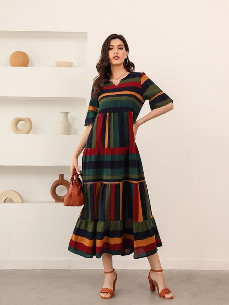 striped notched neck flounce sleeve babydoll dress 75ks#, Black;gray
striped notched neck flounce sleeve babydoll dress 75ks#, Black;gray