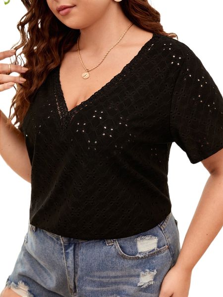 plus guipure lace detail eyelet embroidered tee p4hy#, Black