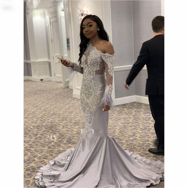 mermaid prom dresses lace appliques beads feather one-shoulder long sleeves satin illusion formal evening gowns, Black
mermaid prom dresses lace appliques beads feather one-shoulder long sleeves satin illusion formal evening gowns, Black