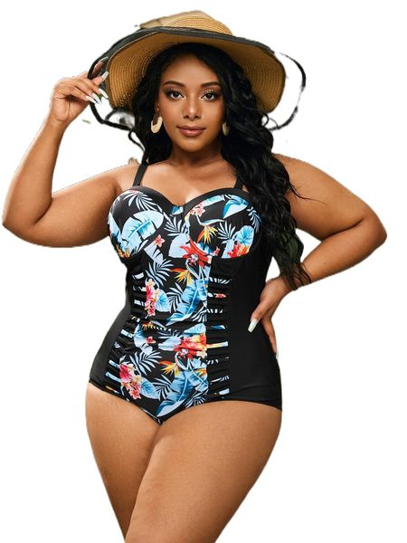 plus tropical print cut out back push up one piece swimsuit n85g#, White;black