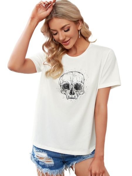 x inked in red skull print round neck tee k3rp#, White