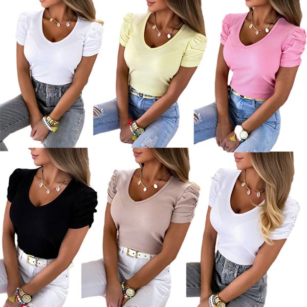 women's t-shirt summer women elastic pit strip threaded pullover puff sleeve v-neck short-sleeved tees, White
women's t-shirt summer women elastic pit strip threaded pullover puff sleeve v-neck short-sleeved tees, White