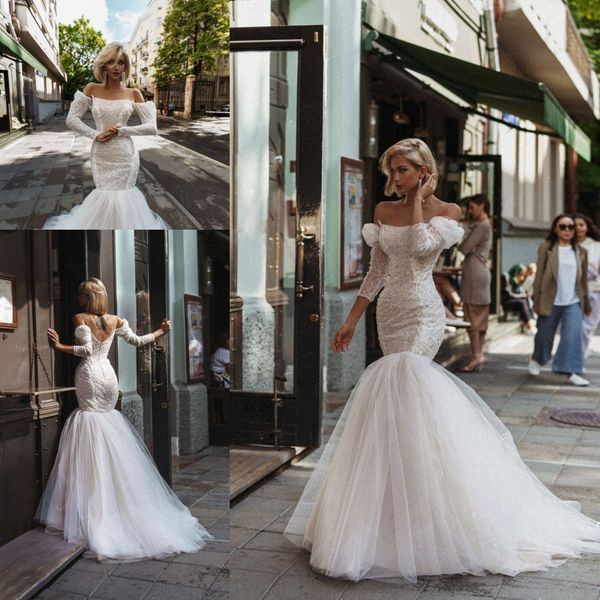 fishtail mermaid beach wedding dresses off shoulder long sleeve lace tulle outdoor bohemian bridal gown vestidos de novia pegados, White
fishtail mermaid beach wedding dresses off shoulder long sleeve lace tulle outdoor bohemian bridal gown vestidos de novia pegados, White