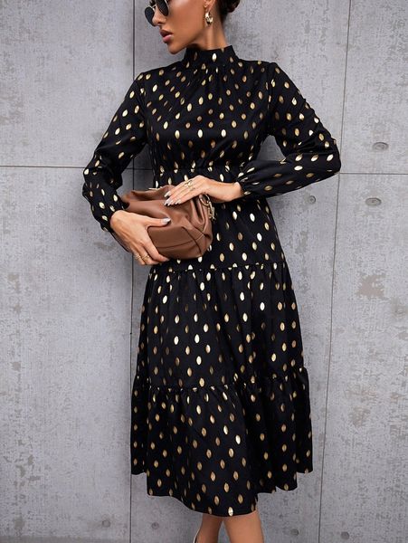 gold dot print mock neck ruffle hem dress b2ni#, Black;gray