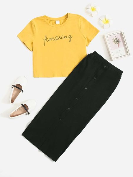 girls letter graphic tee & button front skirt set she, White
girls letter graphic tee & button front skirt set she, White