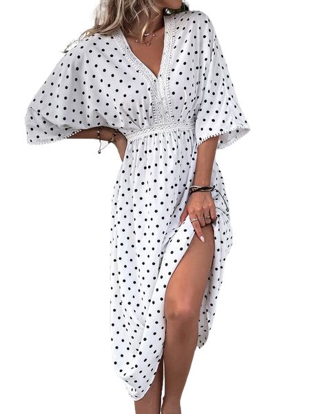 polka dot batwing sleeve guipure lace panel v-neck dress z255#, Black;gray
polka dot batwing sleeve guipure lace panel v-neck dress z255#, Black;gray