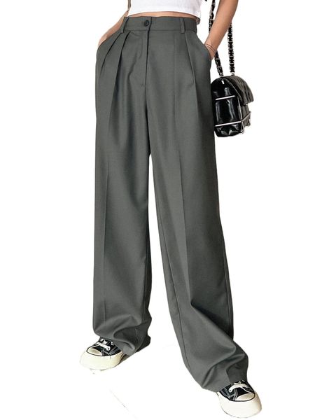 dazy fold pleated slant pockets wide leg pants o629#, Black;white
dazy fold pleated slant pockets wide leg pants o629#, Black;white