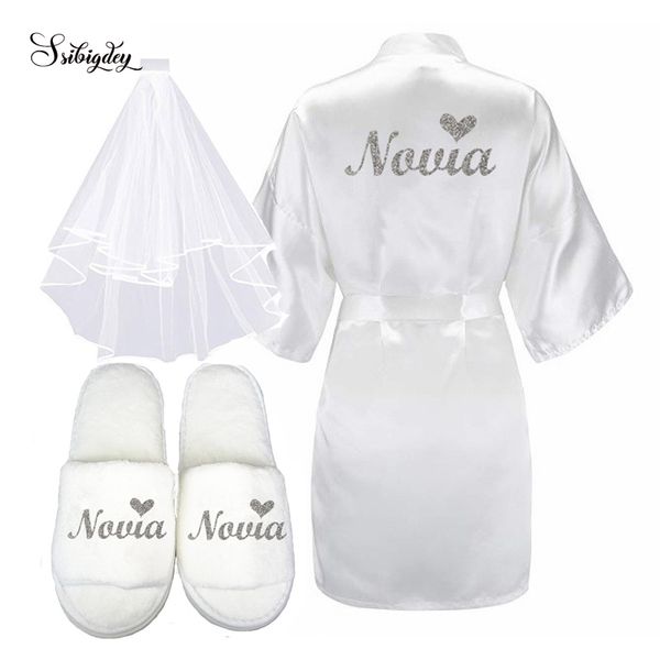 3pc set of glitter silver novia bride short robe slippers bridal veil espanol spanish gold wrting satin kimono women robe y200425, Black;red
3pc set of glitter silver novia bride short robe slippers bridal veil espanol spanish gold wrting satin kimono women robe y200425, Black;red