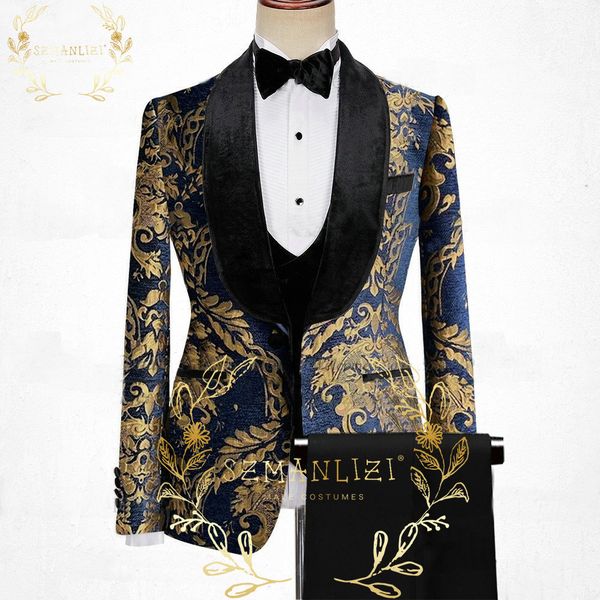 classic navy blue floral men suits for wedding 3 piece groom tuxedos male dinner prom blaze jacket vest pant set costume homme, Black;gray 
classic navy blue floral men suits for wedding 3 piece groom tuxedos male dinner prom blaze jacket vest pant set costume homme, Black;gray