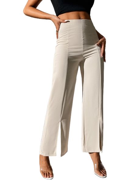 petite split hem straight leg pants 23qf#, Black;white