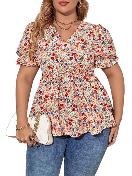 plus allover floral peplum blouse p8vx#, Black