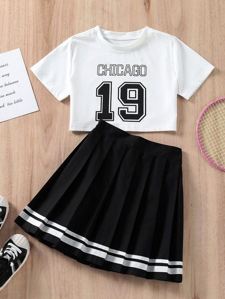 girls letter graphic tee & striped trim pleated skirt she, White 
girls letter graphic tee & striped trim pleated skirt she, White