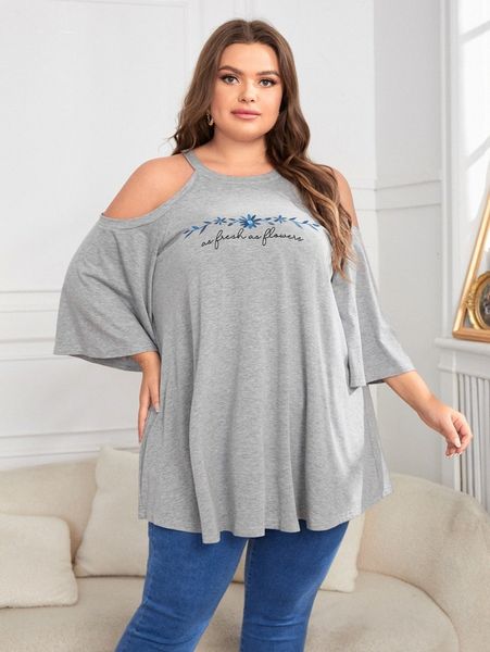 plus letter & floral embroidery cold shoulder tee o3bm#, Black 
plus letter & floral embroidery cold shoulder tee o3bm#, Black