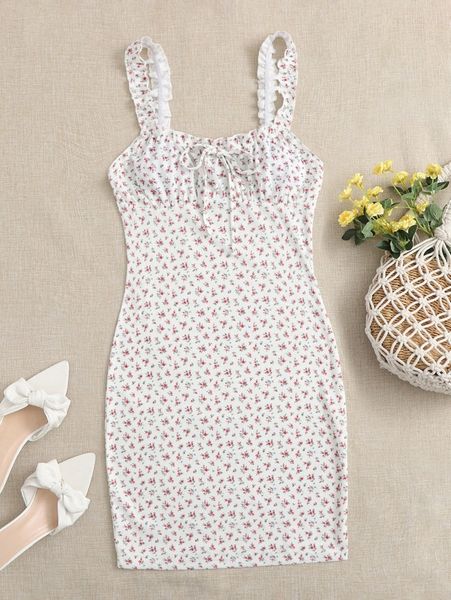 frilled strap tie front ruched bust ditsy floral dress t8hg#, Black;gray