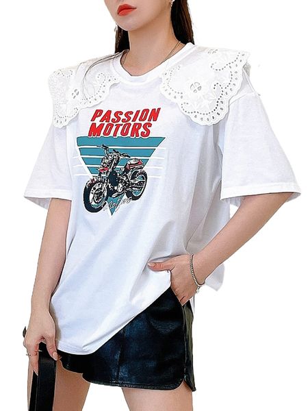 dazy letter & motorcycle print guipure lace panel drop shoulder tee l8h3#, White
dazy letter & motorcycle print guipure lace panel drop shoulder tee l8h3#, White