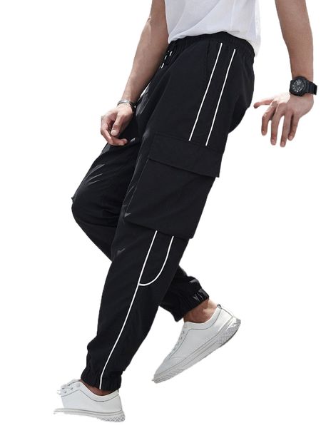 men contrast piping flap pocket side drawstring waist cargo pants x35d#, Black
men contrast piping flap pocket side drawstring waist cargo pants x35d#, Black