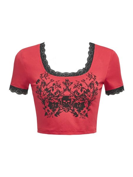skull & floral print lace trim scoop neck crop tee l0lq#, White
skull & floral print lace trim scoop neck crop tee l0lq#, White
