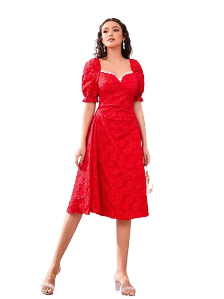 floral jacquard sweetheart neck puff sleeve lace trim a-line dress t5ul#, Black;gray
floral jacquard sweetheart neck puff sleeve lace trim a-line dress t5ul#, Black;gray