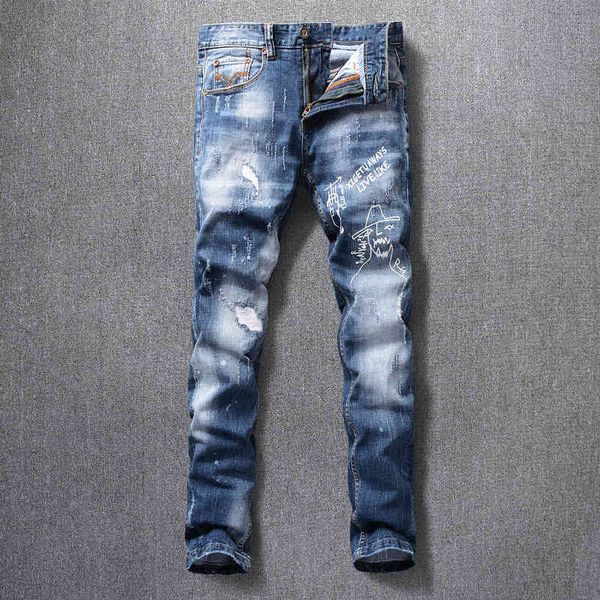 men's jeans high street printed jeans men's fashion brand casual slim fit small foot hole patch youth spring and summer pants n2fz, Blue
men's jeans high street printed jeans men's fashion brand casual slim fit small foot hole patch youth spring and summer pants n2fz, Blue