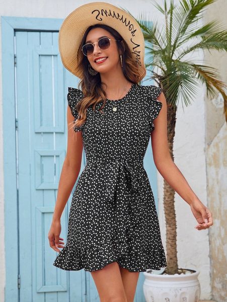 ruffle trim allover heart belted dress s6na#, Black;gray