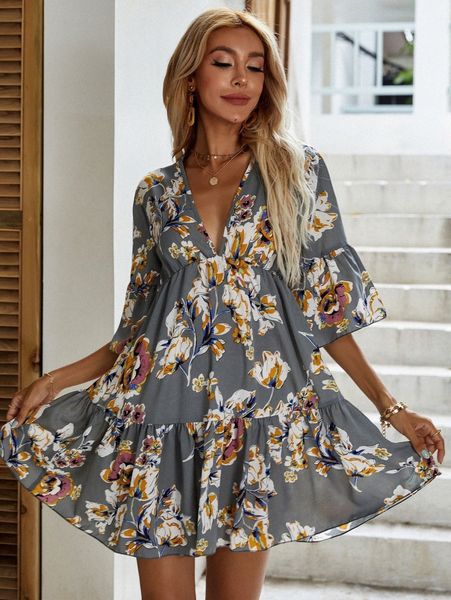 allover floral print ruffle hem a-line dress u2d9#, Black;gray 
allover floral print ruffle hem a-line dress u2d9#, Black;gray