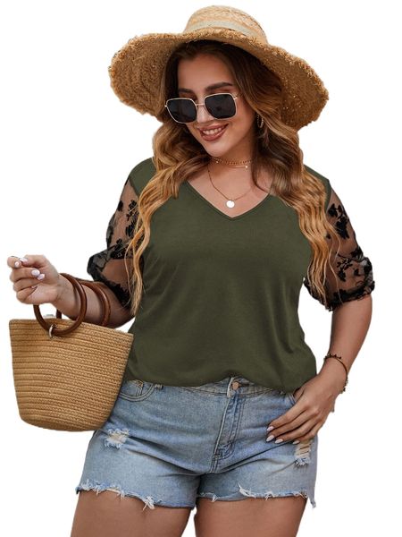 plus floral mesh sleeve tee h4b4#, Black
