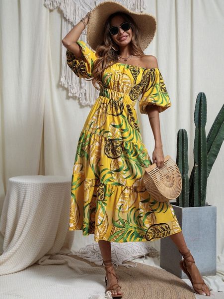 tropical print off the shoulder bishop sleeve ruffle hem dress p8b2#, Black;gray
tropical print off the shoulder bishop sleeve ruffle hem dress p8b2#, Black;gray