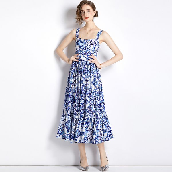 runway fashion women party holiday dress summer elegant blue white porcelain printed camisole midi vestidos, Black;gray
runway fashion women party holiday dress summer elegant blue white porcelain printed camisole midi vestidos, Black;gray