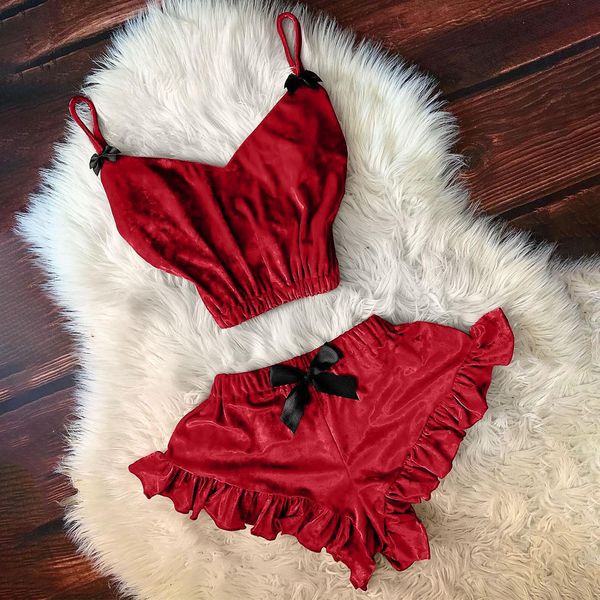 women v-neck velvet sleepwears sleep stain camisole pajamas bowknot shorts womens dyeing bow home sleepwear y25, Black;red
women v-neck velvet sleepwears sleep stain camisole pajamas bowknot shorts womens dyeing bow home sleepwear y25, Black;red